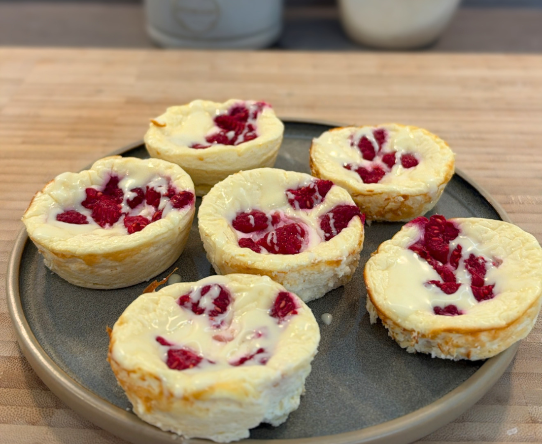 High-Protein Raspberry White Chocolate Mini Cheesecakes